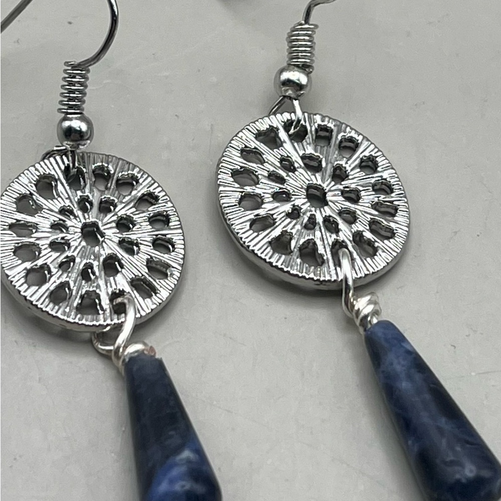 Elegant Silver Tone and Blue Sodalite Gemstone Dangle Earrings-Boho Chic